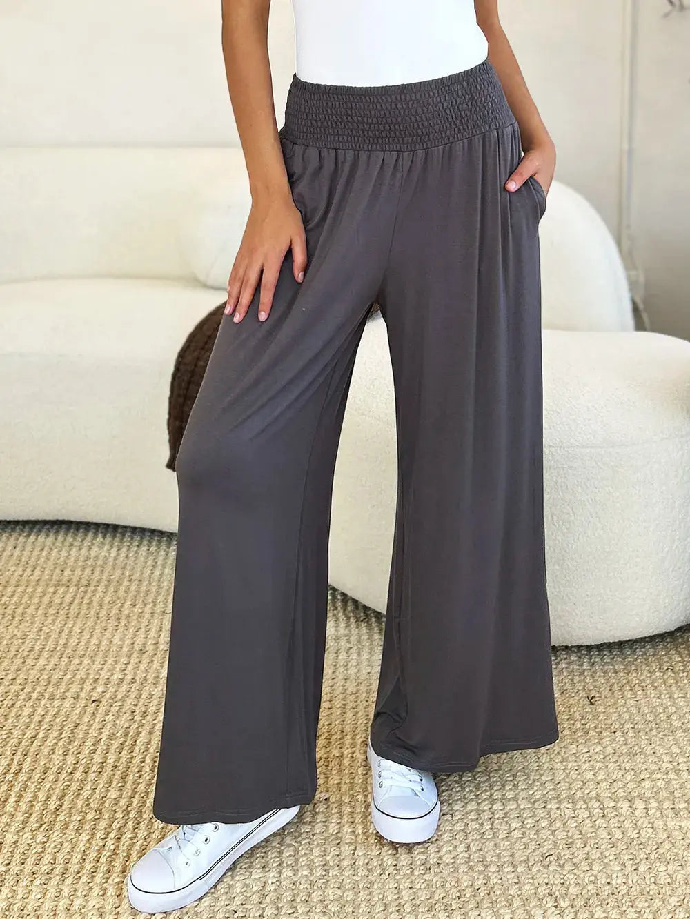 Basic Bae Full Size Smocked Wide Waistband Wide Leg Pants - Love Salve